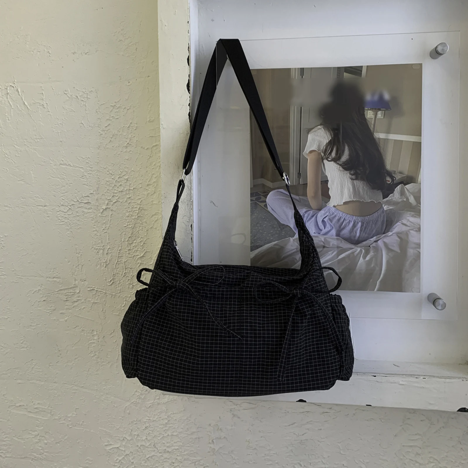 

Women Checkered Shoulder Bags Lazy Style Crossbody Bag for Work Shopping (Black)