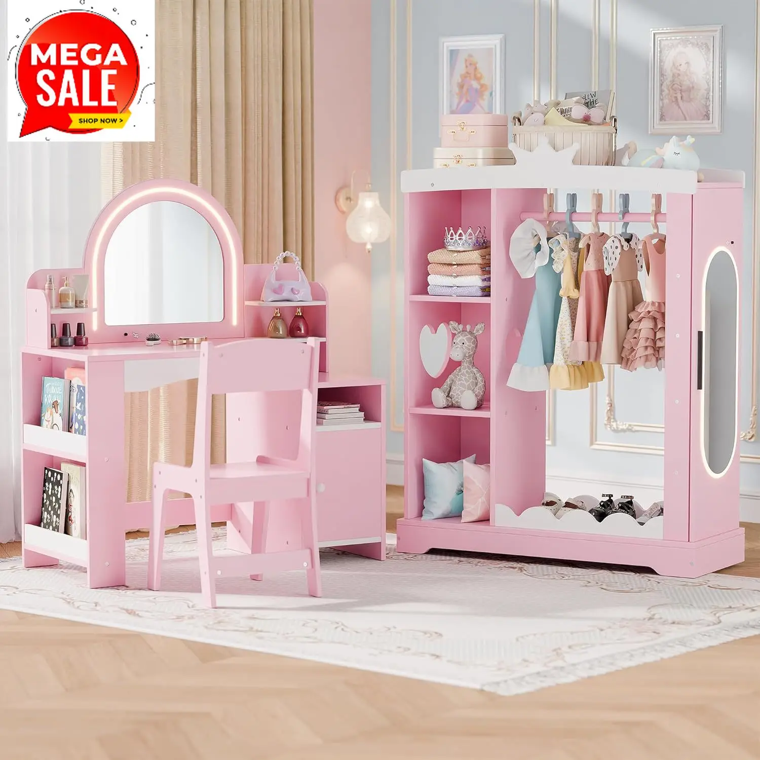

Детский шкаф для одежды с тумбой для украшений и туалетным столиком, туалетный столик с подсветкой и открытой книжной полкой, шкаф для хранения с зеркалом в полный рост, Be