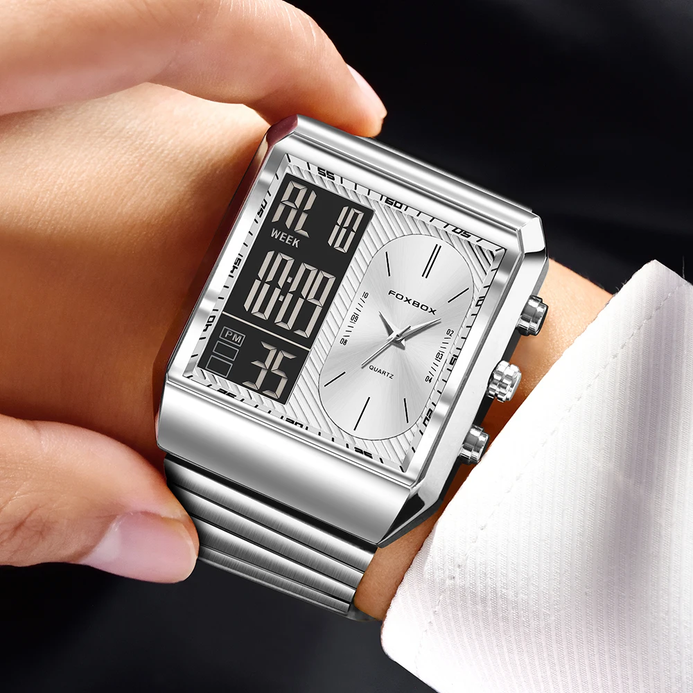 LIGE ใหม่แฟชั่นสแควร์นาฬิกาดิจิตอลผู้ชาย Casual กีฬากันน้ําผู้ชายนาฬิกาข้อมือควอตซ์ FOXBOX แบรนด์หรู Chronograph