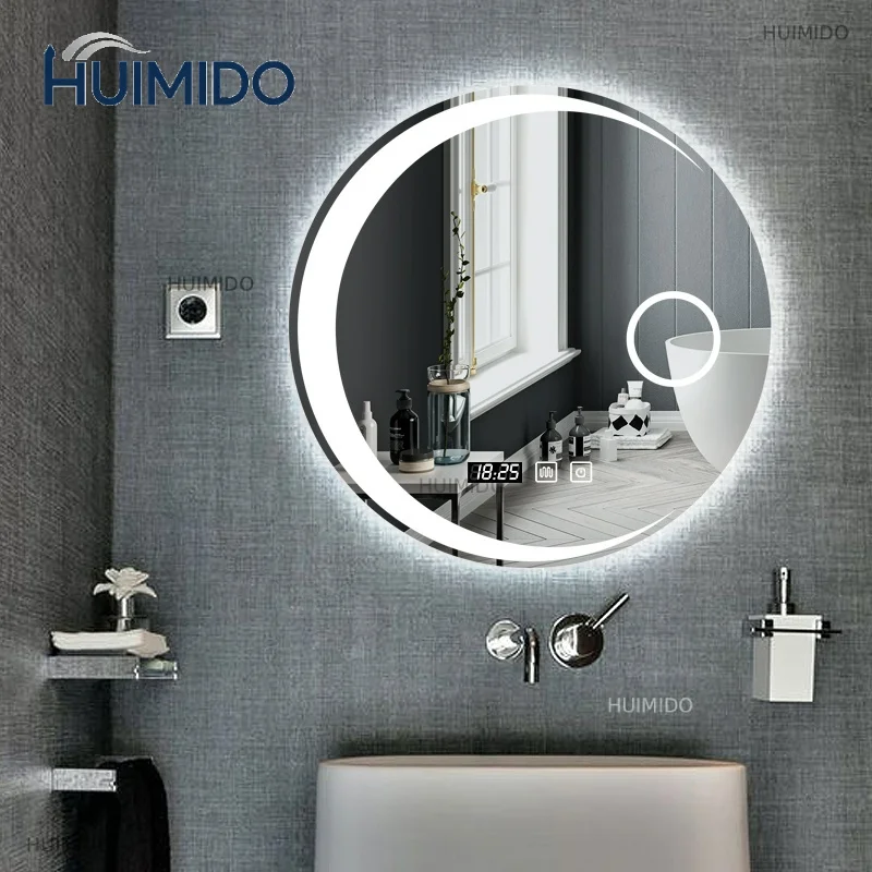 Bathroom Mirror 60 cm Round Moon Shape LED Dimmable Light Anti-fog Defogger Bluetooth Speaker Smart Touch Wall
