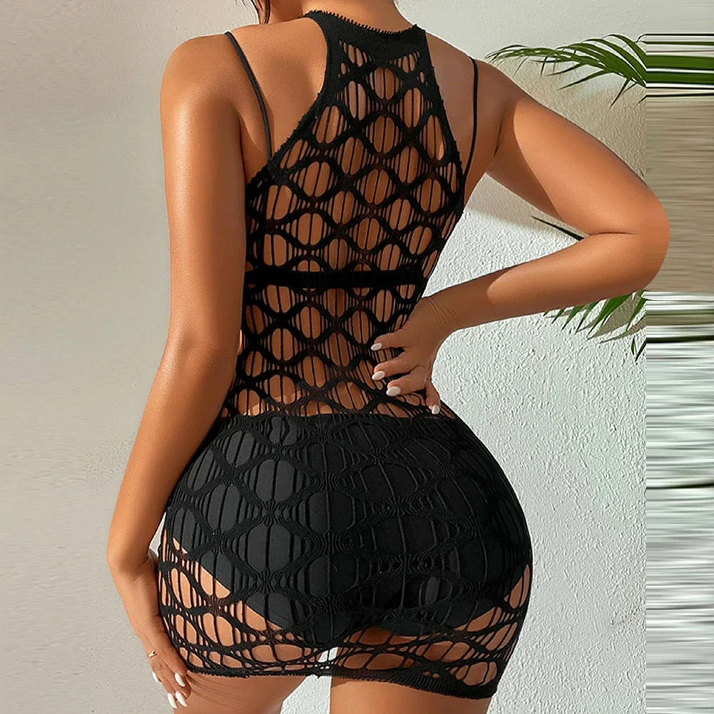 Women Sexy Shiny Body Stocking Fishnet Nightdrerss Black Halter Neck Bodysuit Rhinestone Mini Dress Sexy Hollow Out Lingerie