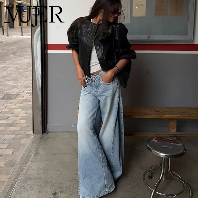 Jeans Anchos de Mezclilla Azules para Mujer, Cintura Media, Estilo Boyfriend, para Verano, Ropa Urbana