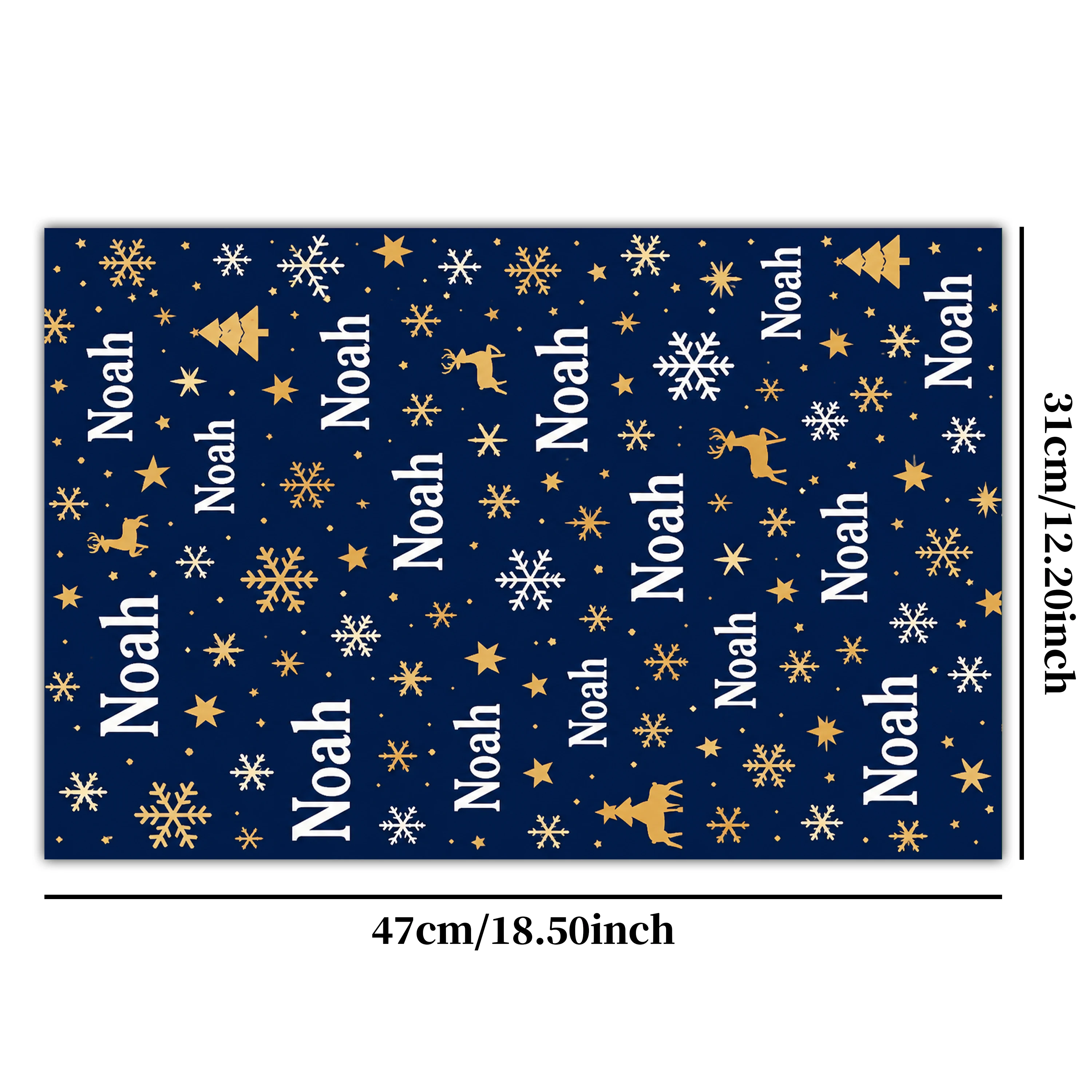 3 Sheets Personalized Christmas Wrapping Paper, Custom Name Gift Wrap, Navy Blue Gold Snowflake Reindeer Design for Holiday Gift