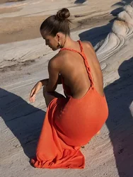 2024 Sexy Women Summer Orange Backless Slit Beach Maxi Dress Knitted Cut Out Swimsuit Bikini Cover-ups Holiday Beach Wear