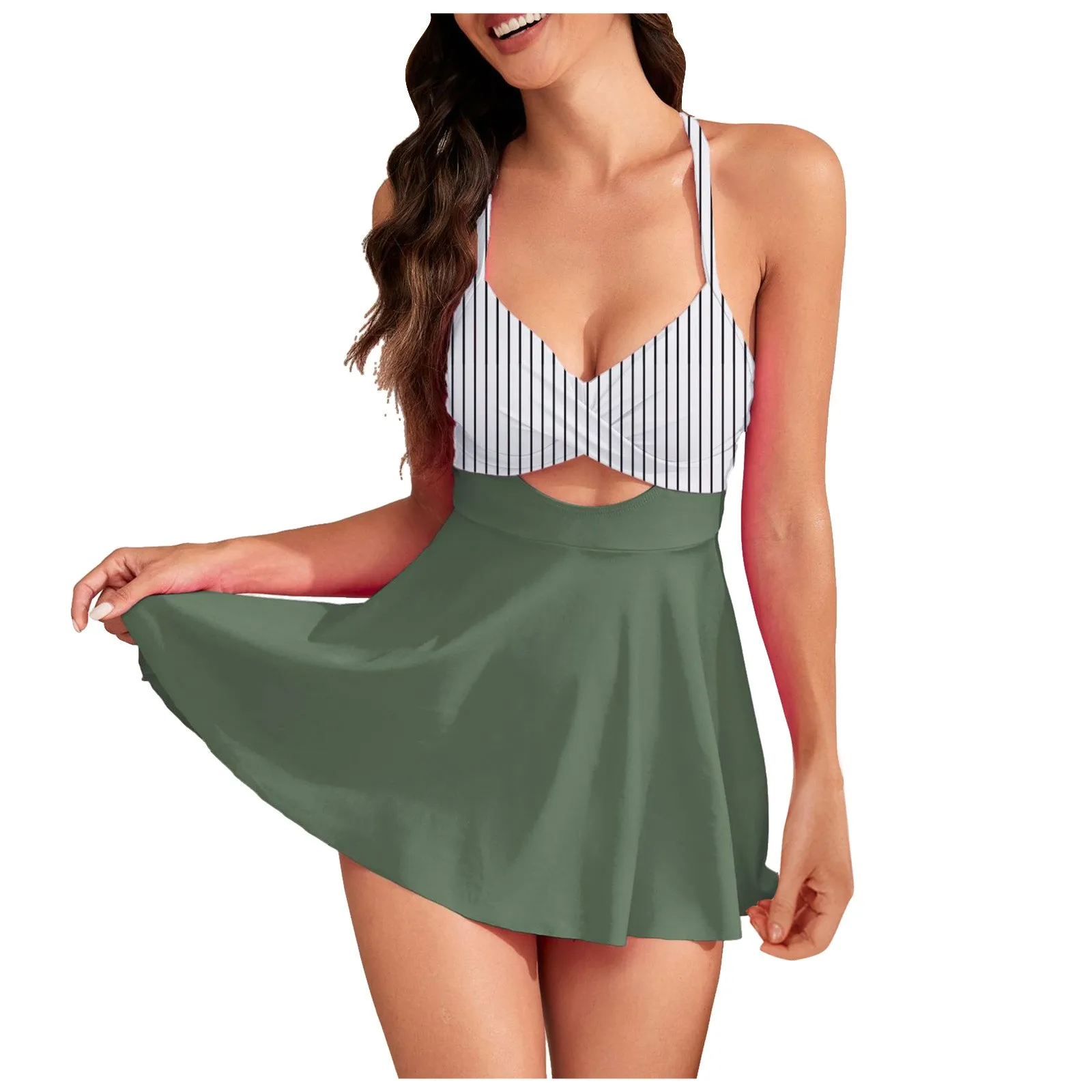 

Women Cutout One PC Skirt Swimsuit V Neck Wrap Tie Back Swimdress Bathing Suits Womens Swimsuits Two Piece