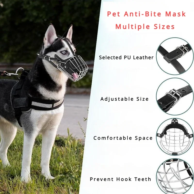 Dog Muzzle Anti-bite Pet Mouth Mask Adjustable Breathable Leather Metal Muzzle Protection Cover Muzzles for Dogs Accessories