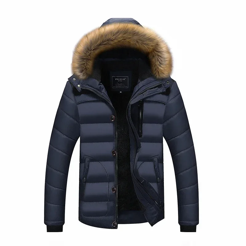 Solid Color Men\'s Parker Thicken Warm Coat Fashion Men\'s Fur Collar New Clothing Plus Size Waterproof Hooded Winter Parker Coat