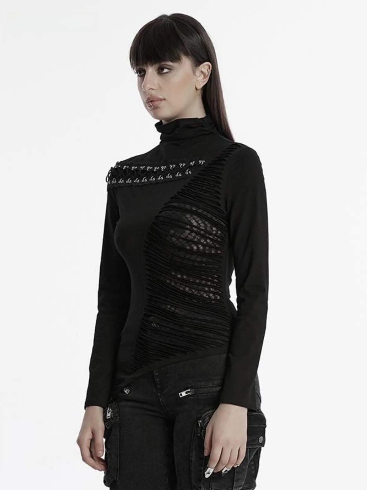 Punk Rave Long Sleeve Knitted High Collar Women's T-Shirt Slim Fit Street Style Base Layer Top Asymmetrical Design Sensation