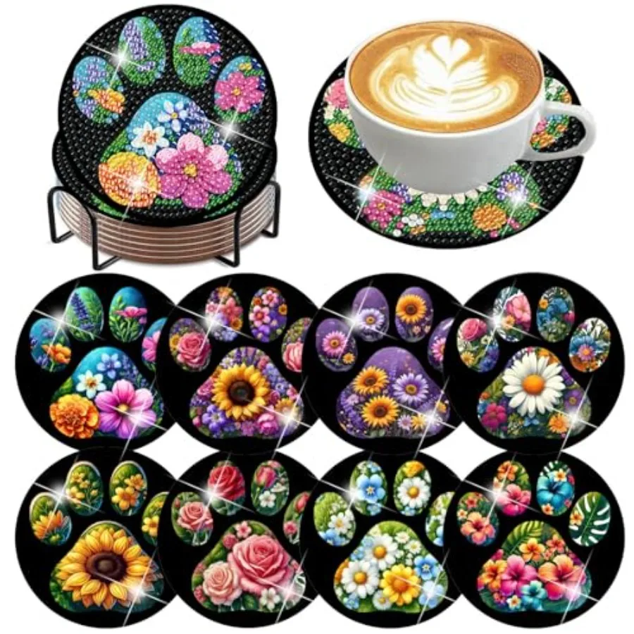 

8 Pack Diamond Art Coasters Kits, Dog Paw Diamond Painting Coasters Kit with Holder, DIY Flowers Diamonds Art Non Slip Coaster