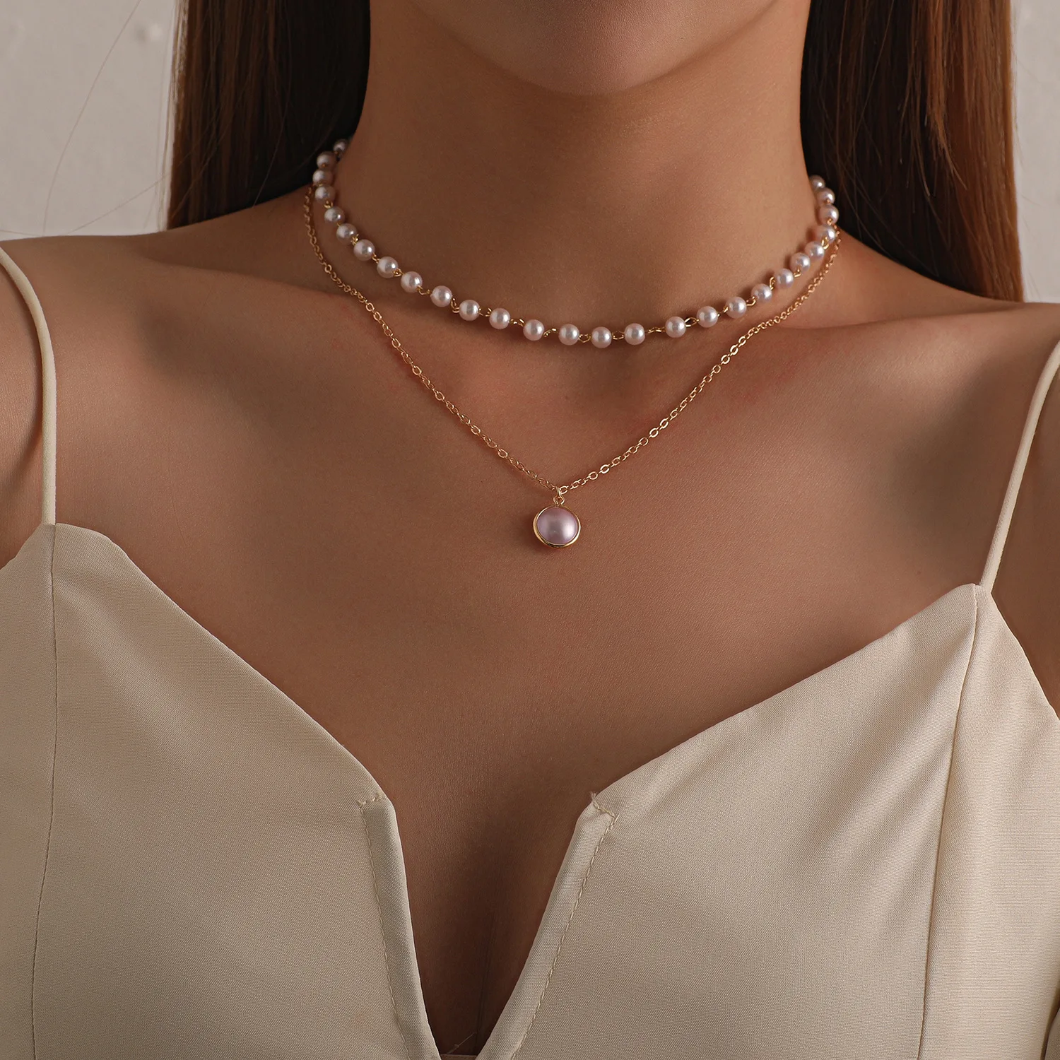 Kiss Jewelry Vintage Gold Color Pearl Beaded Necklace Women Double Chains Pearl Pendant Choker Korean Fashion Collar Jewelry