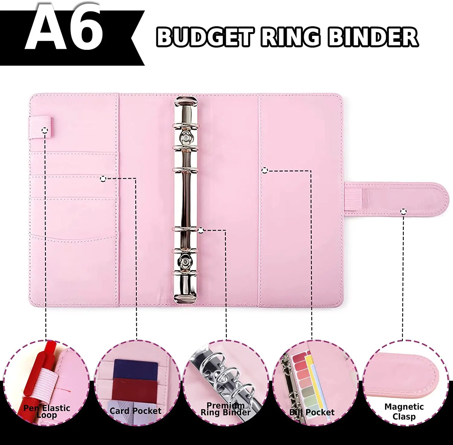 A6 Budget Binder Colorful Zipper Cash Envelopes Money Saving, Budget Sheets,Word Label,Month Tabs,Flag Label for Travel and Work