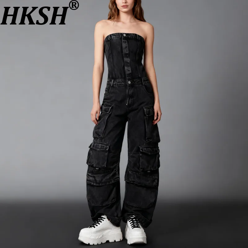 

HKSH Women Chic Denim Jumpsuit Strapless Sleeveless Slim Fit Multi-pocket Safari Style Retro Y2K Pants New Spring Summer HK20367