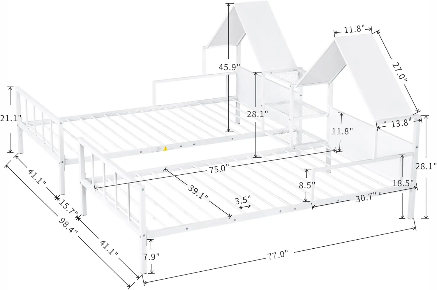 Double Twin Size Platform Bed with House-Shaped Headboard, Metal Playhouse Bed Frame Built-in for Storage, Bed