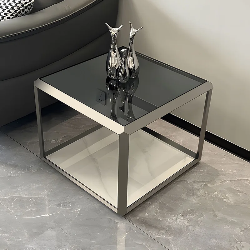 Light luxury simple coffee table Modern stainless steel gray titanium glass Sofa side cabinet Square few Nordic rock slab edge