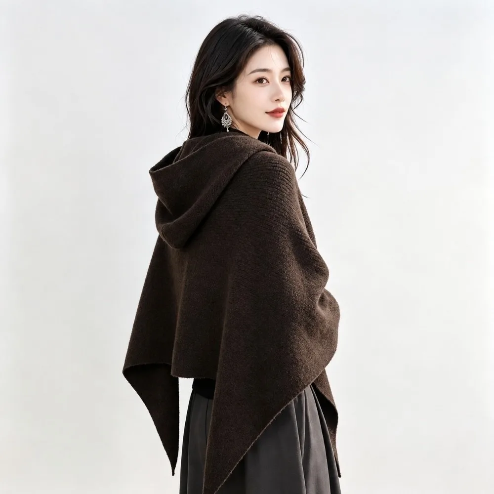 Wool Blend Hooded Triangle Scarf Cozy Texture Thick Knit Women Shawl Warmer Lightweight Feel Durable Solid Neck Collar