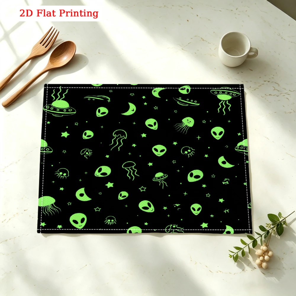 Green Aliens And Ufos Pattern Kitchen Placemat Coaster Linen Pad Dish Coffee Cup Table Mat 30x40cm Home Decor