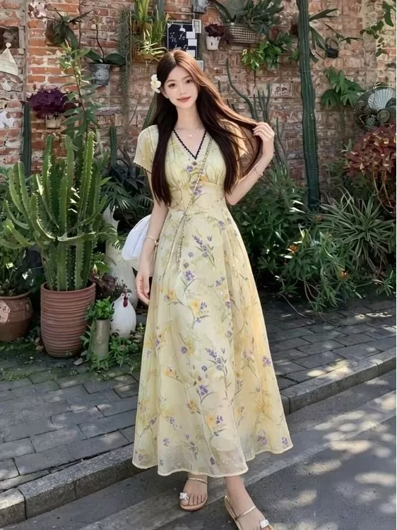 

plus Size Elegant Yellow Floral Print V-Neck Short Sleeve Dress Slimming Beautiful Dress Women's Summer A-Line Long Dress