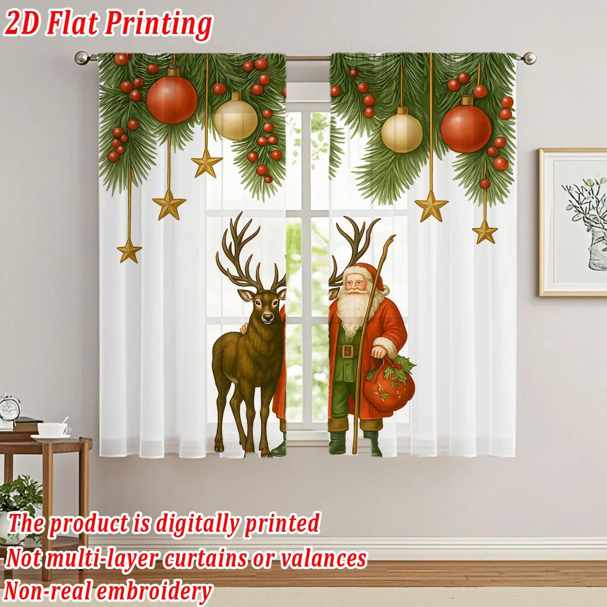 ستارة شفافة للمطبخ بطباعة مسطحة لعيد الميلاد مع كرة عيد ميلاد سعيد سانتا كلوز الرنة لحفلات ديكور المنزل في عيد الميلاد