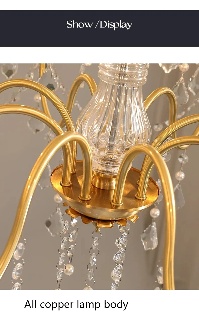 

French Retro Copper Crystal Living Room E14 Chandeliers Light Luxury Dining Room Bedroom Study Candle Pendant Lights Lustre Lamp