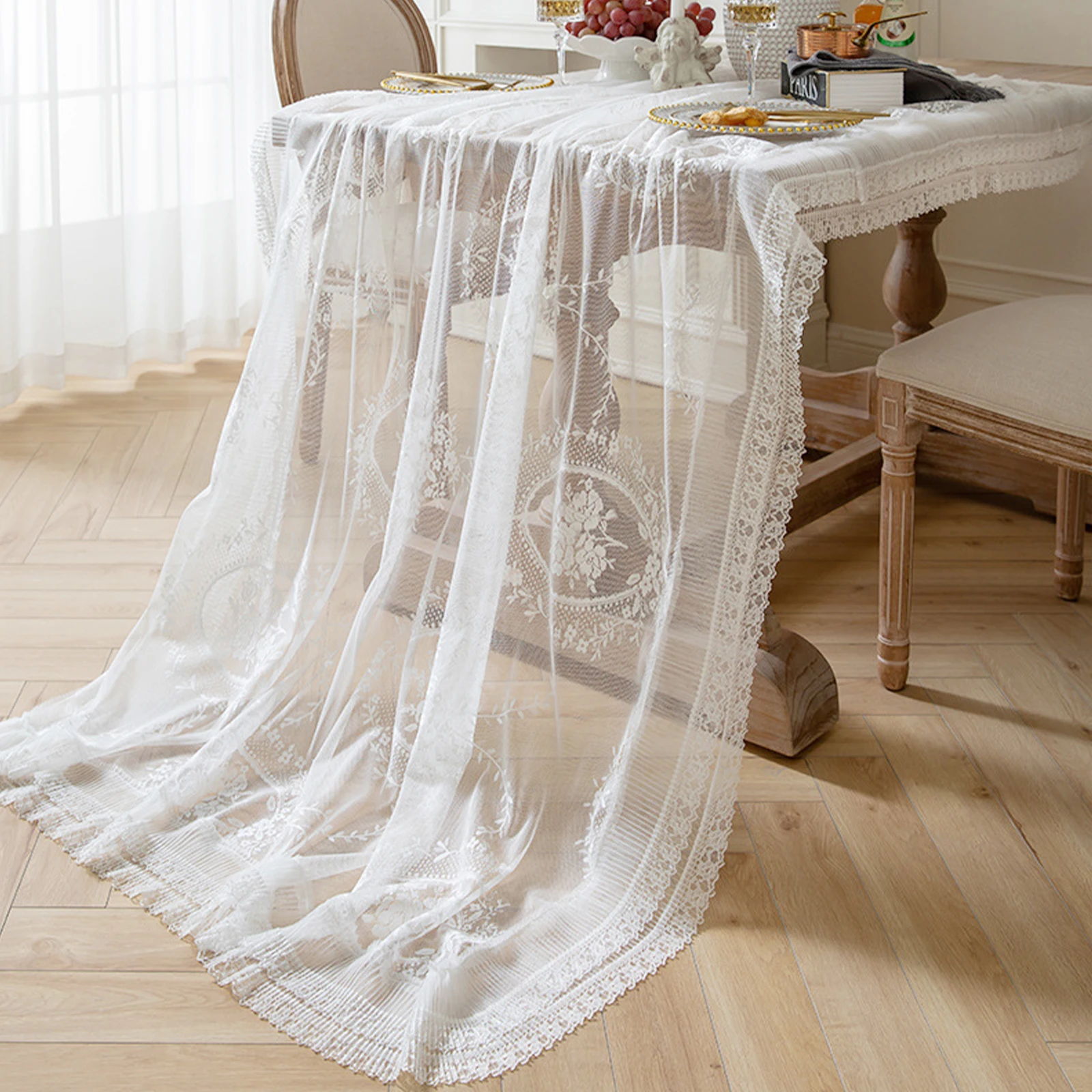 

French White Lace Flower Embroidery Cotton Tablecloth for Wedding Party Decoration Table Cloth Luxurious Table Cover