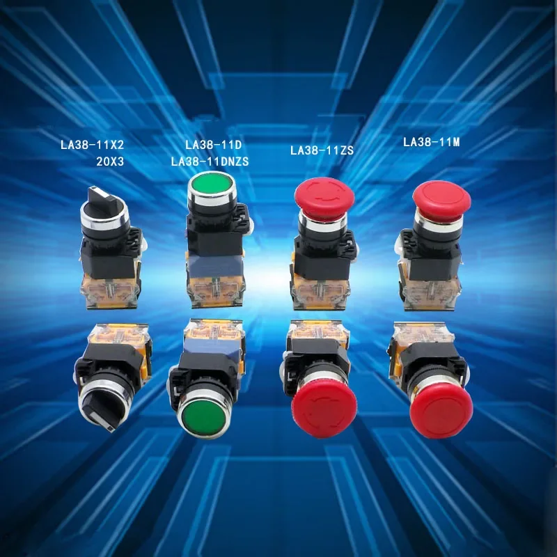 LA38-11 Series AC220/380V DV110V DC24/36V Self-Reset Flat Head Push Button Press Emergency Stop Self-Locking 2 Gear Knob Switch