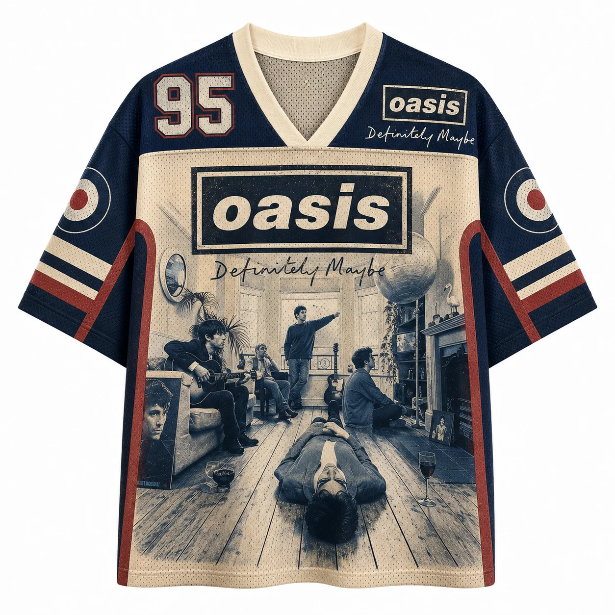 Vintage Britpop Band Portrait Football Jersey, V Neck Short Sleeve Retro Music Streetwear Top, 90s Album Art Festival Outfit