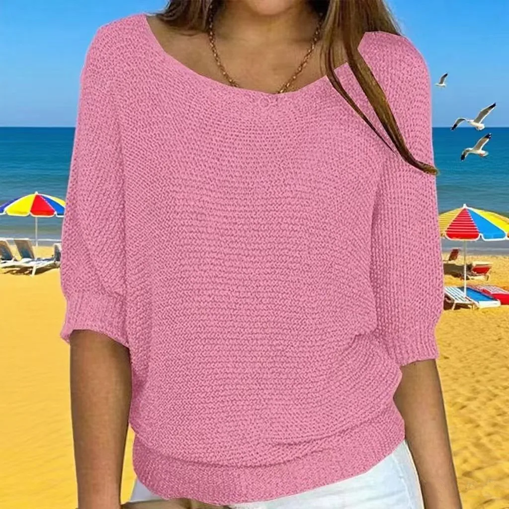 

2025 New Solid Color Crew Neck Knitted Sweater Women's Seven-quarter Sleeve Top