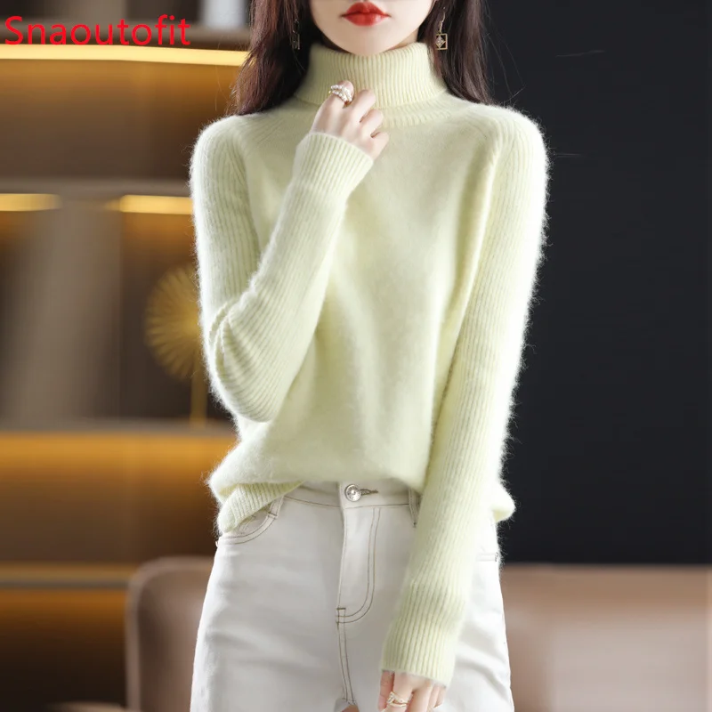 Autumn and Winter New 100% Mink Cashmere Sweater Women\'s High Lapel Slit Knitted Pullover Large Size Loose Basics Thick Warm Top