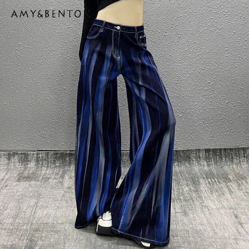 

2025 Spring and Autumn Women's Tie-Dye Washed Casual Jeans High Waist Loose Slimming Versatile Wide-Leg Floor-Length Pants