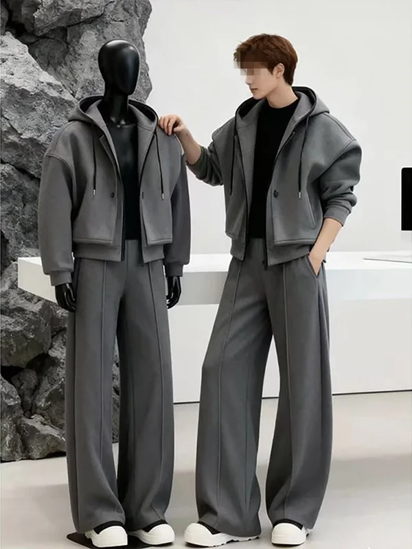 Premium American-Style Set, Simple Silhouette, Sporty Casual Suit For Men, High-End Hooded Jacket And Sweatpants Two-Piece Set