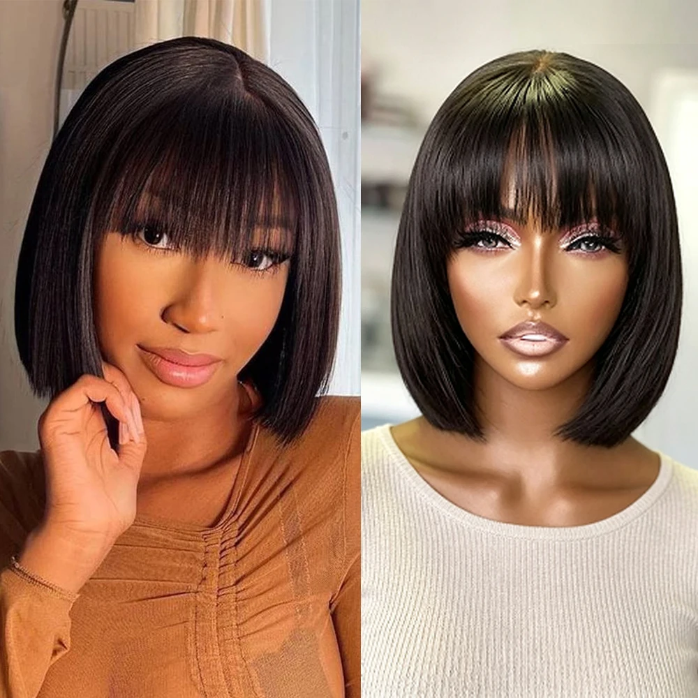 Bob Human Hair Wig with Bangs Straight None Lace Glueless Wigs Human Hair 180Density Black Machine Made Short Bob Wig with Bangs