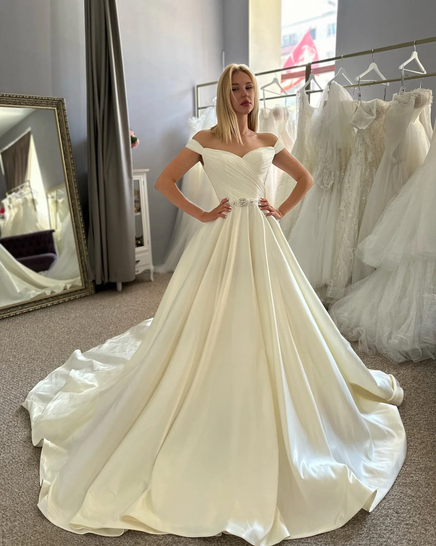 

V Neck Satin Wedding Dresses for Bride 2025 Off the Shoulder Pleated Sashes Crystal A Line Bridal Dresses Gowns