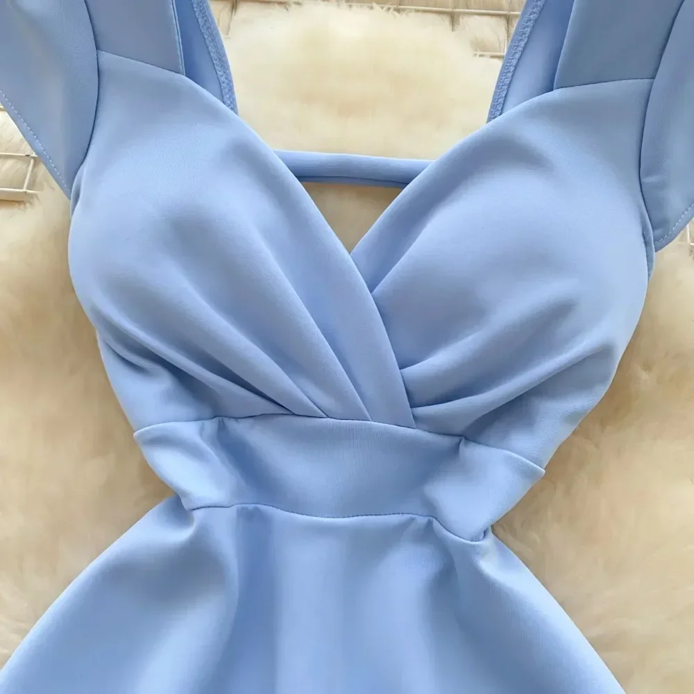 Chic Elegant Pleated Zipper Short Sleeve Korean Sexy Backless A-line Dresses Slim Vintage High Street Evening Women Clothing