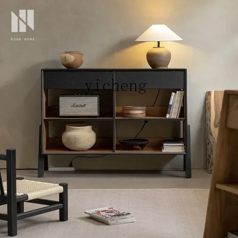 GZ-8 Wabi-sabi Wind Carbonized Black Bucket Cabinet Solid Wood Dining Side Tea Storage Cabinet