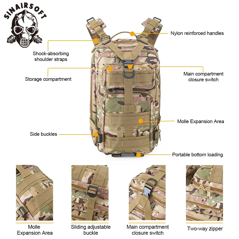 SINAIRSOFT Tactical Backpack Travel Sports Camouflage Bag Outdoor Climbing Fishing Hiking 3P Pack Hunting Bag