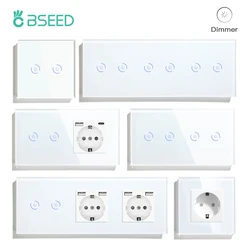 Bseed 2Gang Dimmer Series EU Standard LED Dimmable Touch Switches Glass Panel 5V 2.1A USB Phone Charge EU Sockets Wall Switches