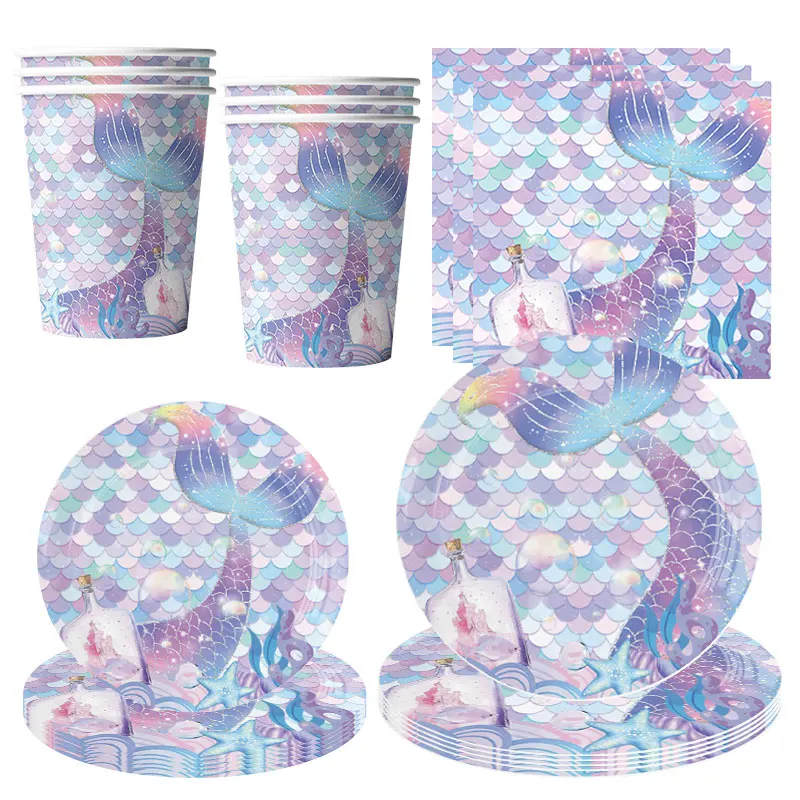 Purple Mermaid Birthday Tableware Party Girls Paper Plate Cup Napkin Tablecloth Birthday Banner for Kids Balloon Set Backdrop