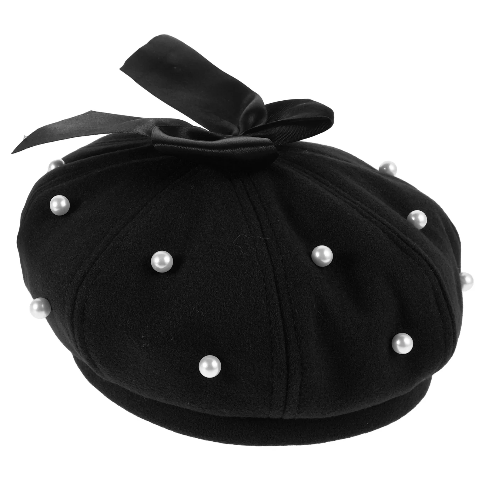 

Pearl Beret Hat Black Women Fashion Bowknot Soft Artificial Wool Retro Octagonal Cap Vintage Elegant Look Casual Wear