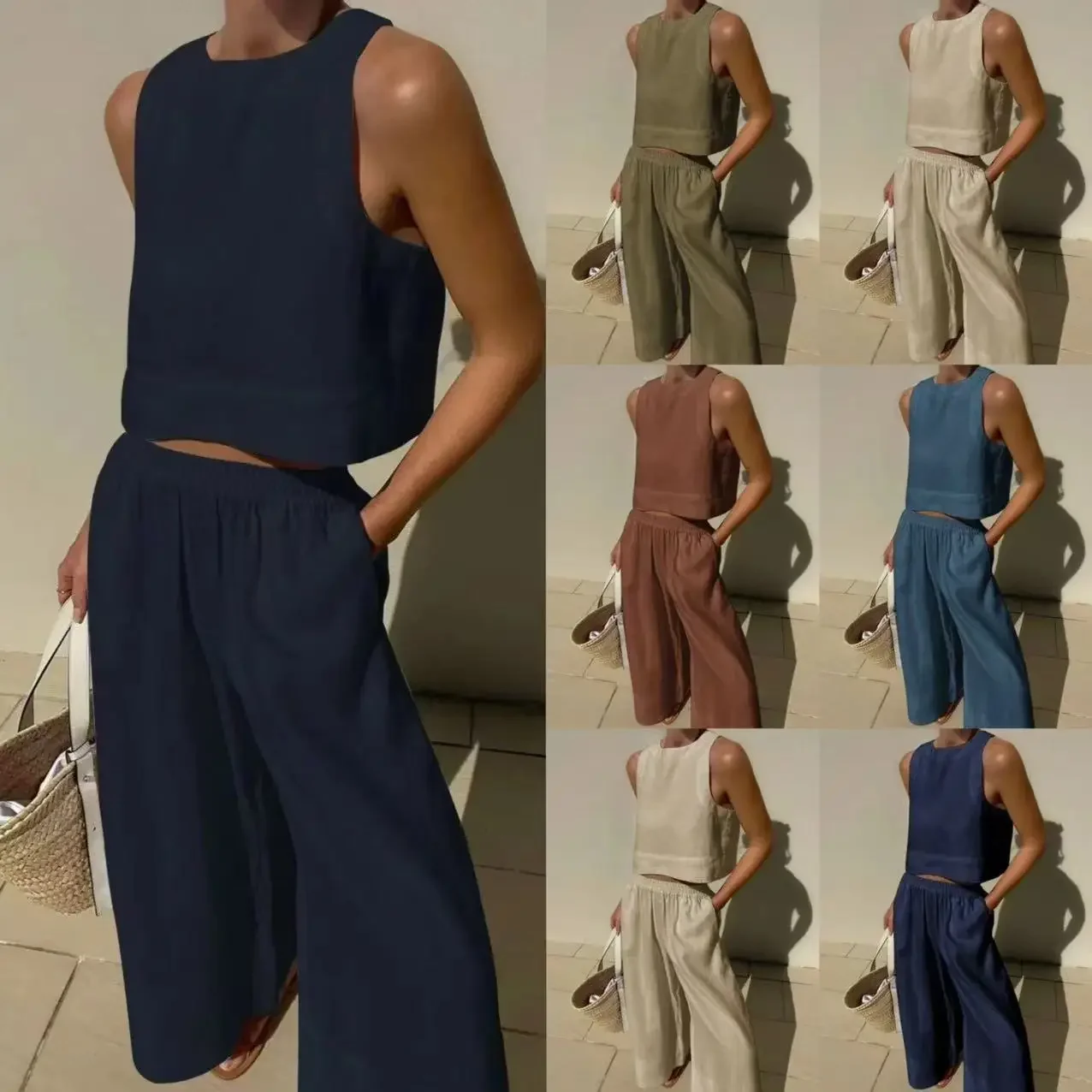 

Women Spring Summer Trouser Set Pants Set Solid Color Sleeveless O Neck Wide Leg Pants Casual Fashion Comfortable Regular Fit