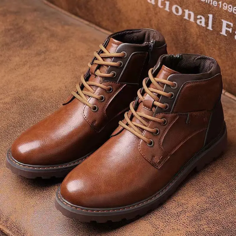 Leather Men Ankle Boots Plus Size High Top Shoes Outdoor Work Casual Shoes Motorcycle Military Combat Boots Fashion Autumn Brown