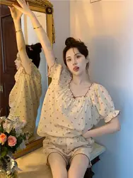 Summer Sweet Cherry Print Women Pajamas Set Lovely Puffles Sleeves Sleep dress Home Suits Comfortable Cozy Girls Loungewear 4XL