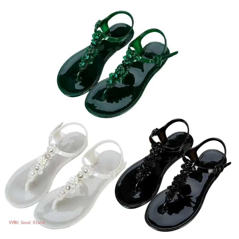 Sandali infradito con fiori bohémien da donna, infradito estivi in PVC con tacco basso da spiaggia