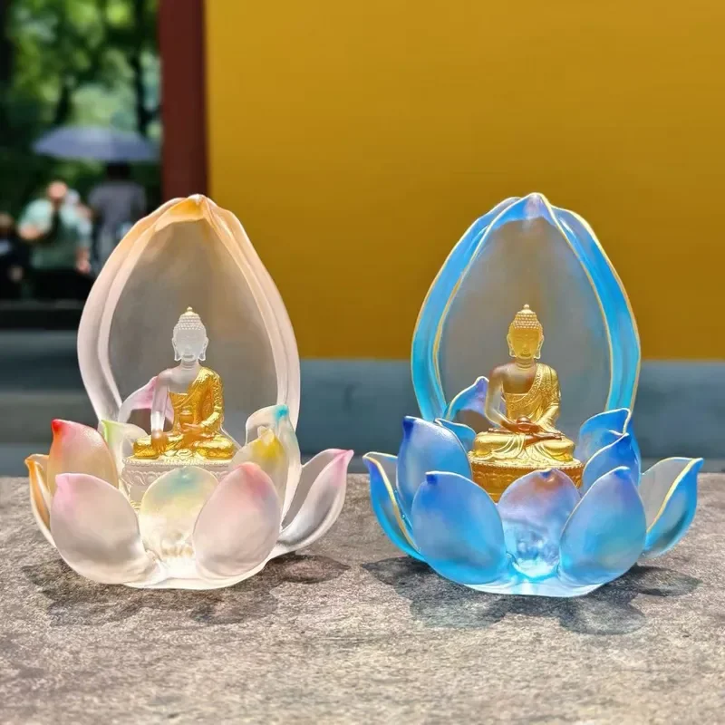 Handmade Glazed Lotus Flower Ornament Ancient Style Buddha Statue Home Decor Gold Cloud Pattern Gradual Change Color Ceramic