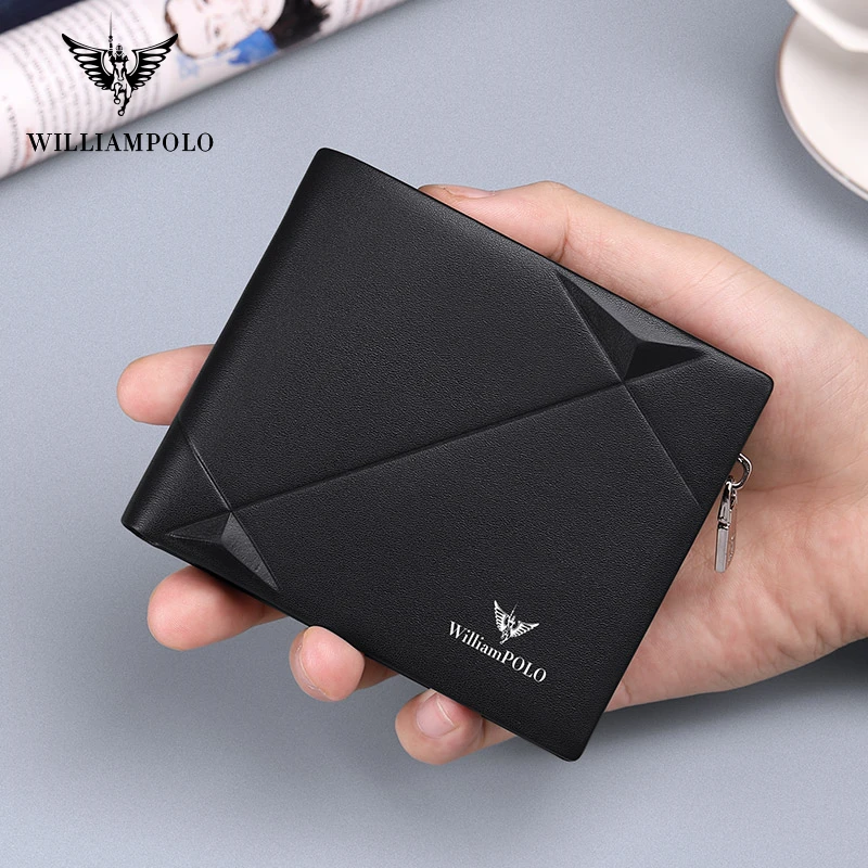 

WILLIAMPOLO Men's Wallet Genuine Leather Coin Purse Casual Design Bifold Mals Wallet Luxury Brand Short Slim Wallet