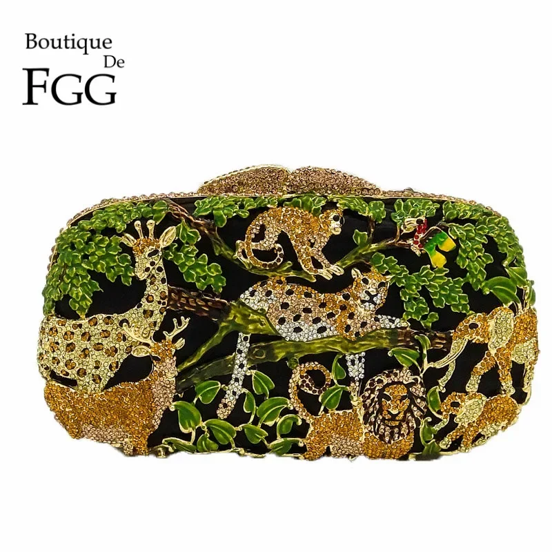 Boutique De FGG (w magazynie) Forest Jungle Women Crystal Animal Evening Bags Party Rhinestone Handbag Bridal Wedding Clutch Bag
