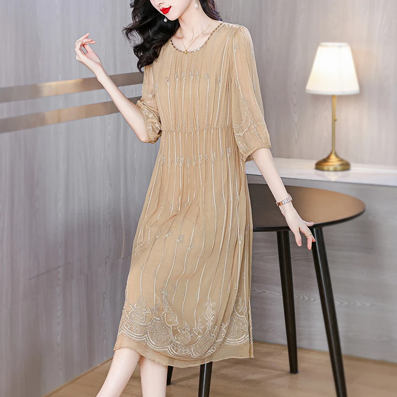 

Silk Embroidered Dress for Women Summer 2025 New High end Brand Embroidered Mulberry Silk Long Skirt Loose Large Size