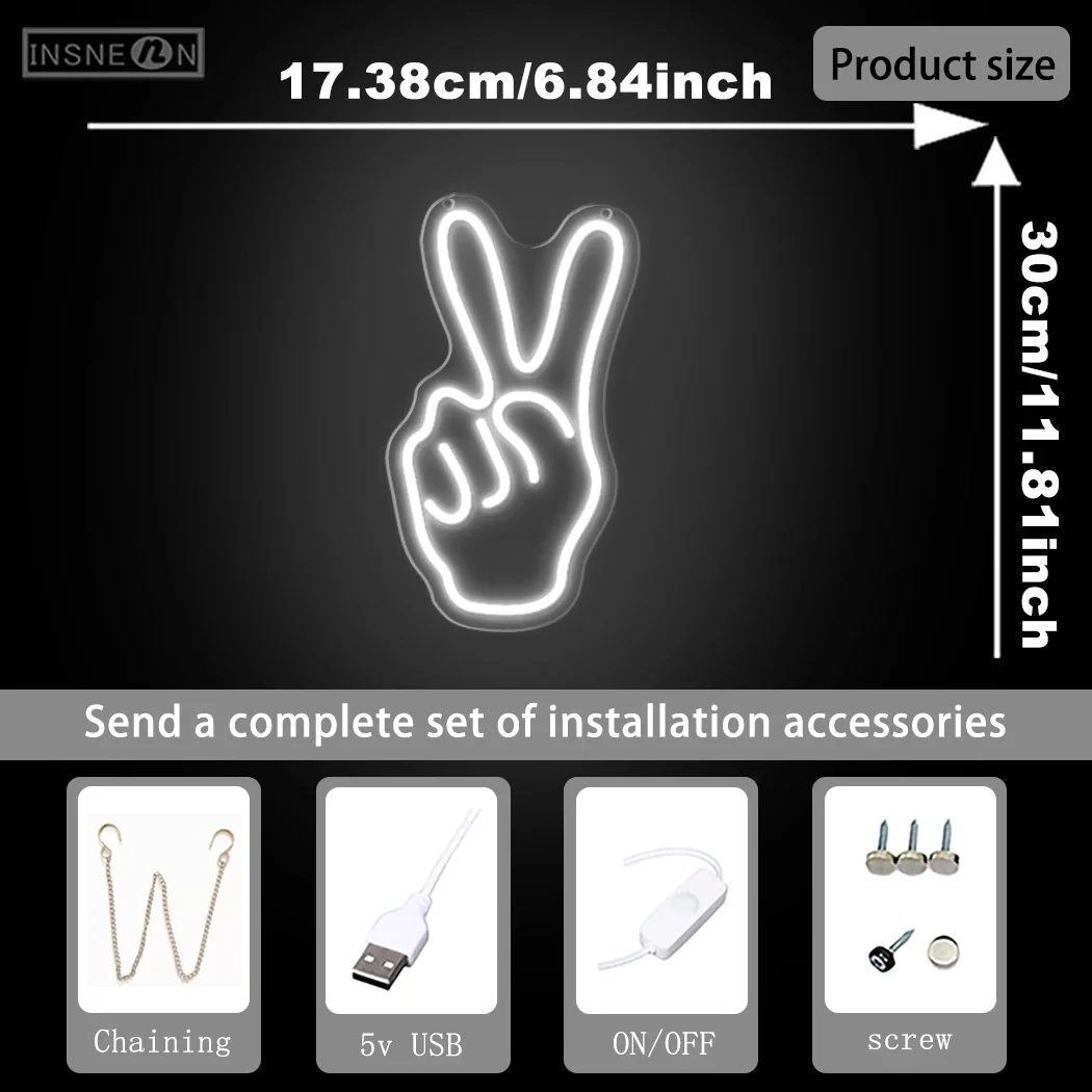 Victory Gesture LED Neon Sign Design USB Wall Hanging Multipurpose Use Cold White Light for Bedroom Party Holiday Decor Art Gift