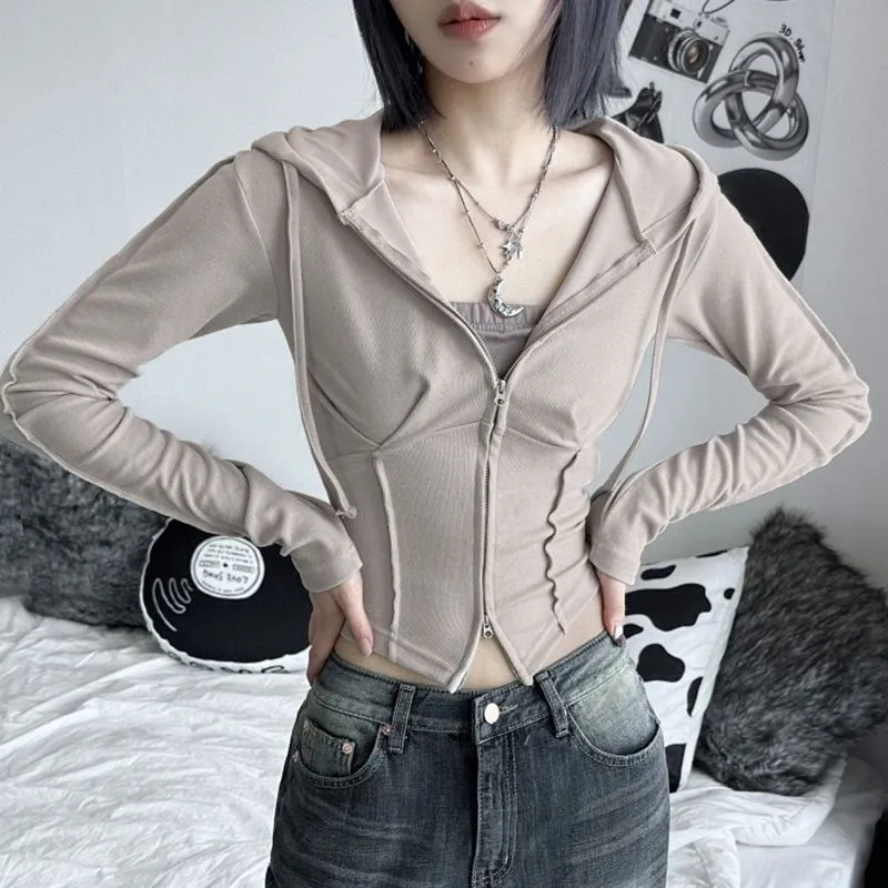 Girdle dual zippers bright thread hooded coat women's clothing slim knit sports casual fashion long sleeve tops