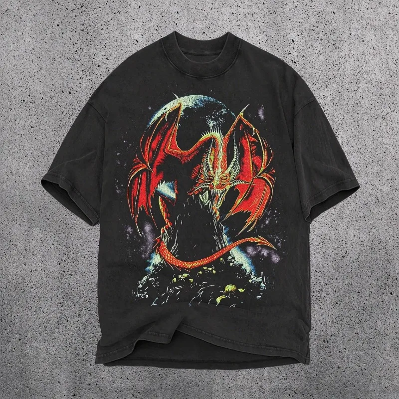 Retro Dragon Pattern T-shirt, Dark Fantasy T-shirt, Gothic T-shirt Y2K Dark Art, Suitable for Both Men and Women in All Seasons