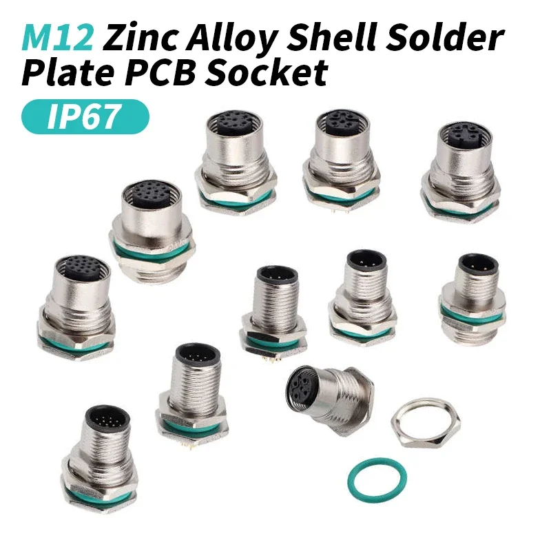 M12 Solder Board PCB Connector 3 4 5 6 8 12 17 Pin PCB Socket with Zinc Alloy Shell Waterproof Panel Front/Rear Male Female Seat